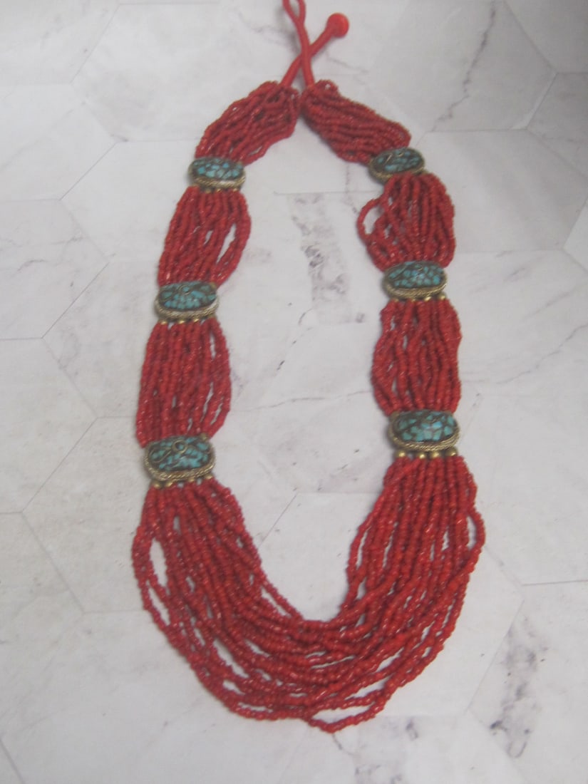 26 1/2" Vintage Tibetan Coral Bead Strand Necklace with Turquoise Chip Cartouches: .