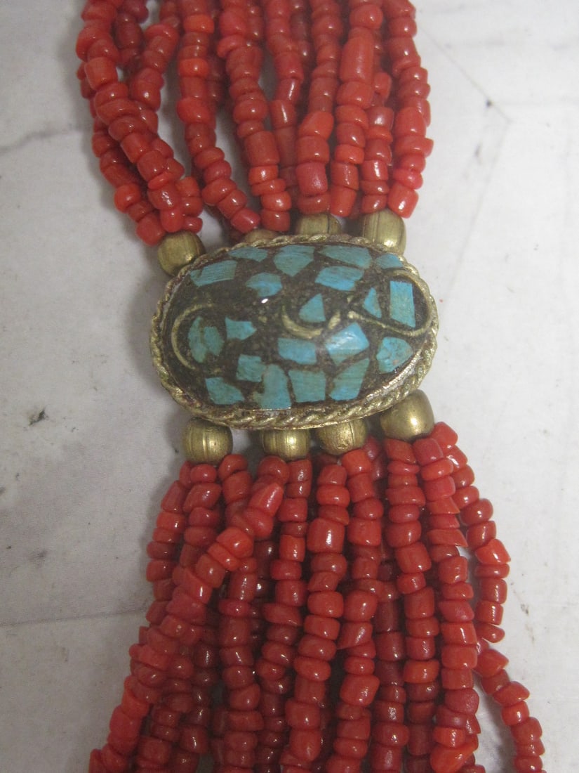 26 1/2" Vintage Tibetan Coral Bead Strand Necklace with Turquoise Chip Cartouches - 2