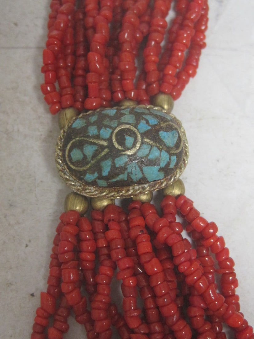 26 1/2" Vintage Tibetan Coral Bead Strand Necklace with Turquoise Chip Cartouches - 3