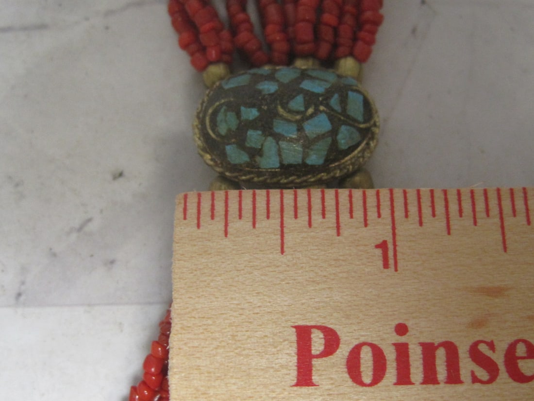 26 1/2" Vintage Tibetan Coral Bead Strand Necklace with Turquoise Chip Cartouches - 5
