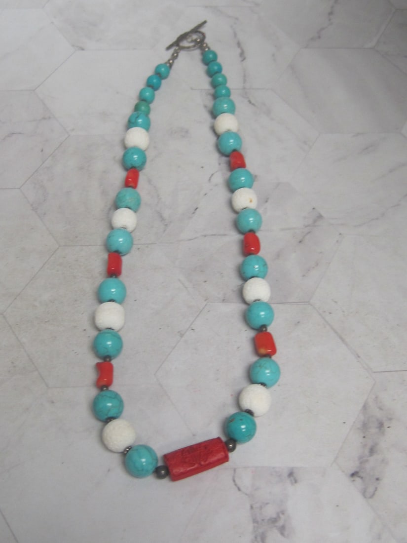 23" Vintage Sterling Silver Turquoise, Coral, Cinnabar, & Lava Chinese Bead Necklace: .