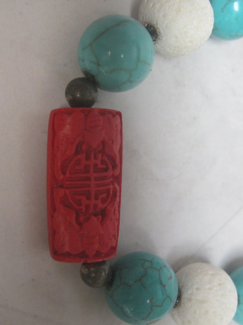23" Vintage Sterling Silver Turquoise, Coral, Cinnabar, & Lava Chinese Bead Necklace - 2