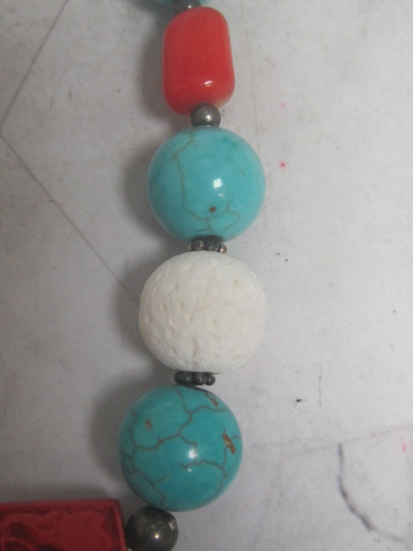 23" Vintage Sterling Silver Turquoise, Coral, Cinnabar, & Lava Chinese Bead Necklace - 3