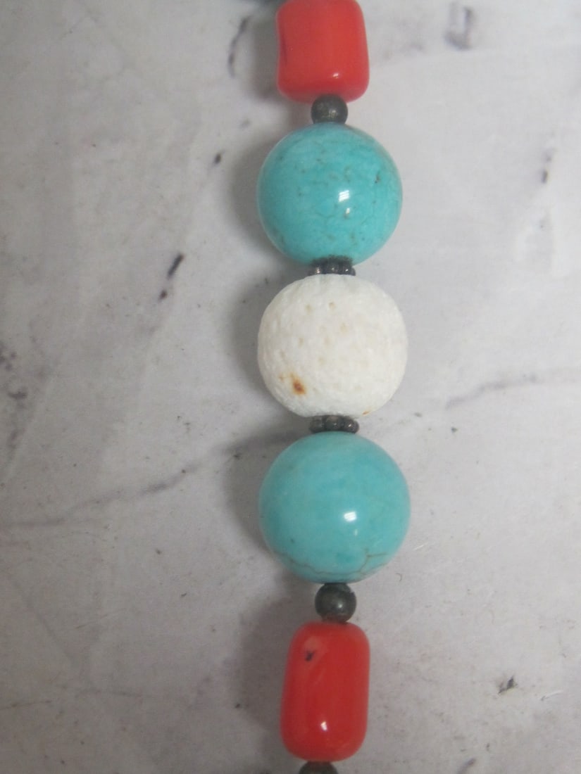 23" Vintage Sterling Silver Turquoise, Coral, Cinnabar, & Lava Chinese Bead Necklace - 4