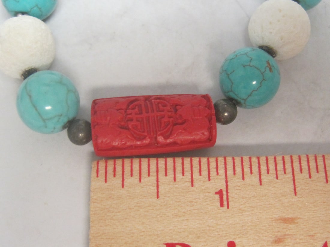 23" Vintage Sterling Silver Turquoise, Coral, Cinnabar, & Lava Chinese Bead Necklace - 6