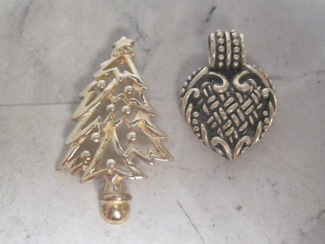 Lot of 2 Sterling Silver Pendants Christmas Tree & Heart: Weighs 10.8 grams