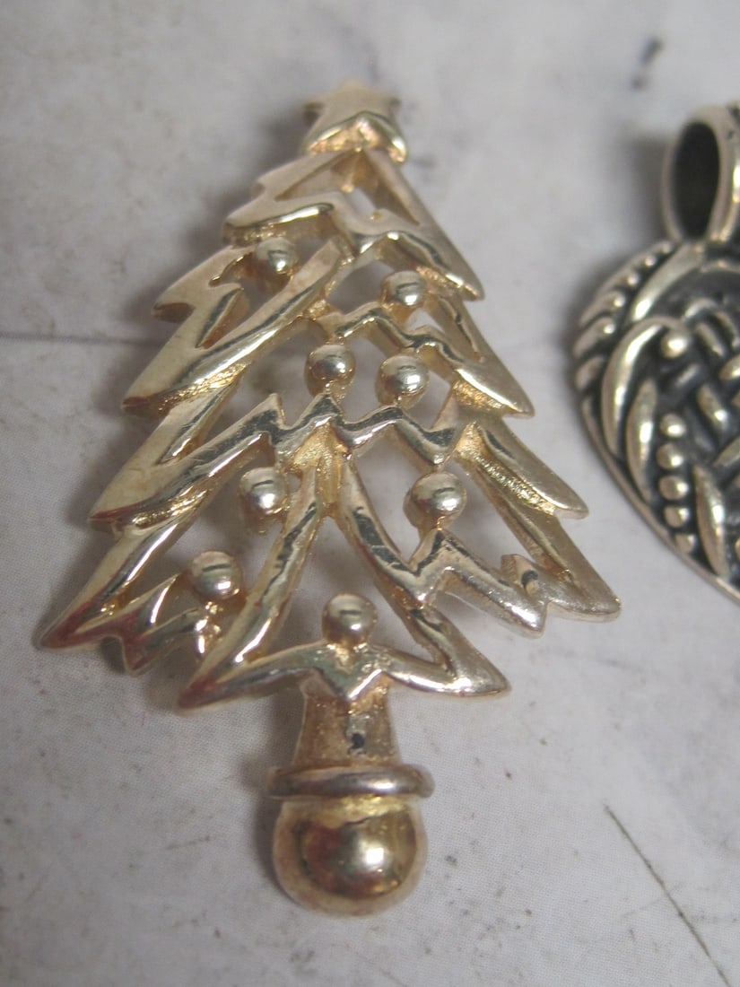 Lot of 2 Sterling Silver Pendants Christmas Tree & Heart - 3
