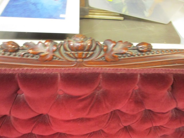 Antique Victorian Parlor Settee, Red Velvet, Carved Wood - 2