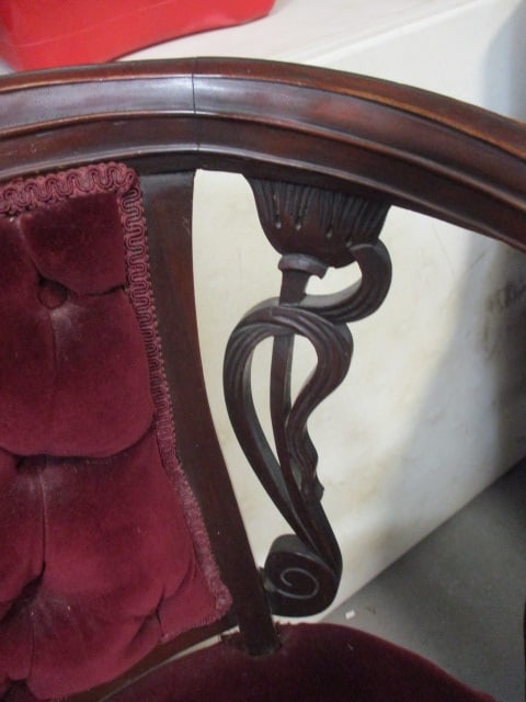 Antique Victorian Parlor Settee, Red Velvet, Carved Wood - 5