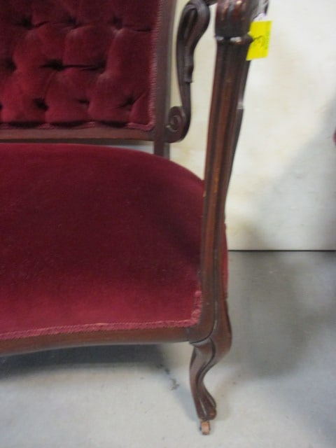 Antique Victorian Parlor Settee, Red Velvet, Carved Wood - 7