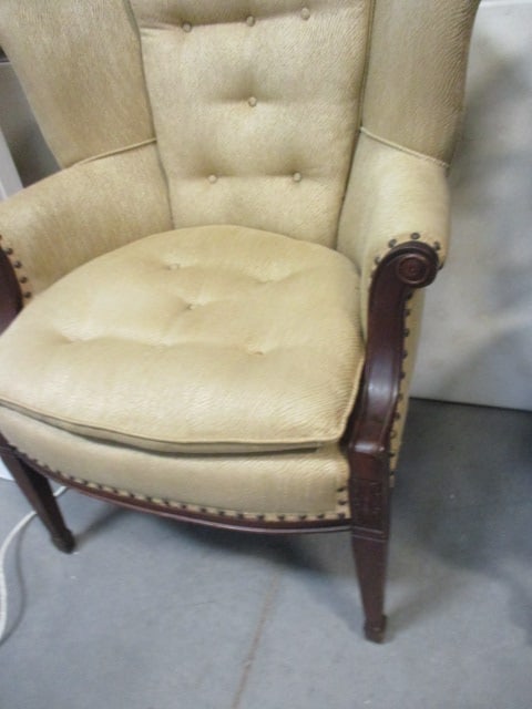 Vintage Beige/Gold Wingback Chair, Button/Nailhead Trim - 7