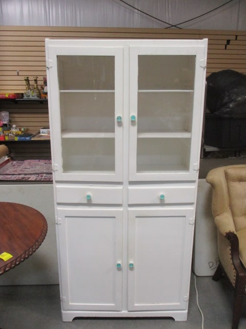 Vintage Cabinet/Hutch with Glass Door/shelves, 2 Drawers, Solid Doors/Shelves: Extra Glass Knobs W31"xH55", Local Pickup Only 