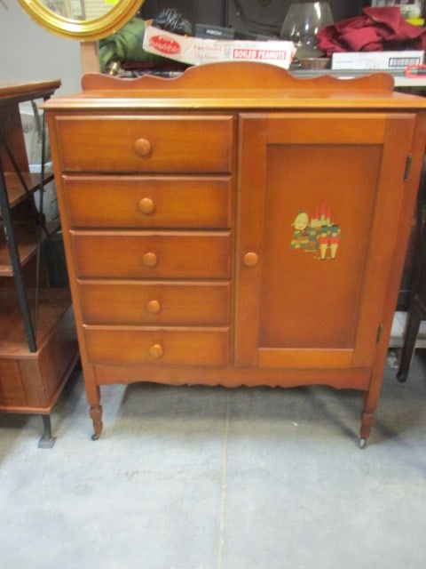 Vintage Child's Chifforobe (Storkline?), Maple, Humpty Dumpty Scene, Castors: Small Nicks/Scratches to Top and Front W38"xH46", Local Pickup Only 
