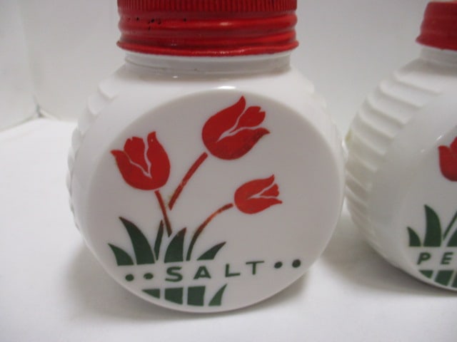 Fire-King Tulip-Ware Milk Glass Salt/Pepper Shakers and Grease Jar - 2