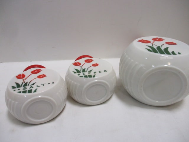 Fire-King Tulip-Ware Milk Glass Salt/Pepper Shakers and Grease Jar - 7