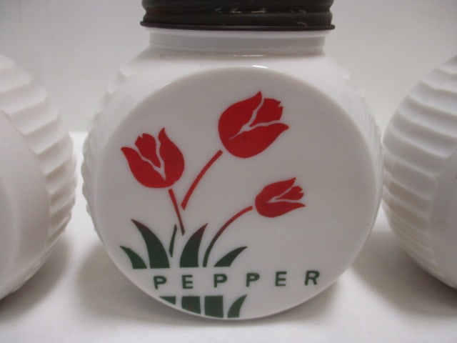Fire-King Tulip-Ware Milk Glass Salt, Pepper, Sugar, Flour Shakers - 3
