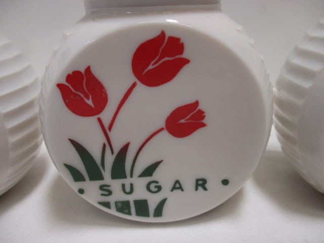 Fire-King Tulip-Ware Milk Glass Salt, Pepper, Sugar, Flour Shakers - 4