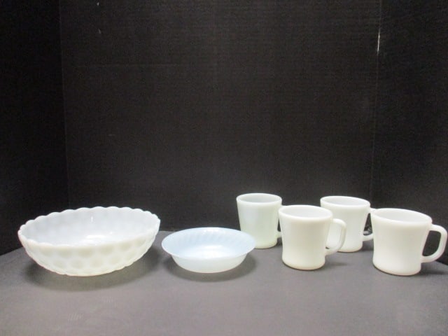 Anchor Hocking Fire-King Set of Milk Glass 4 Cups: 1 Scalloped dish W6"xH1.50", and 1 Bubble Bowl W8"x2.75"