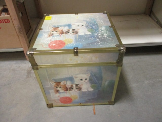 Storage Cube With Clasps, Printed With Kittens, Wooden Inside: Wear to Top W15.5"xH16" 