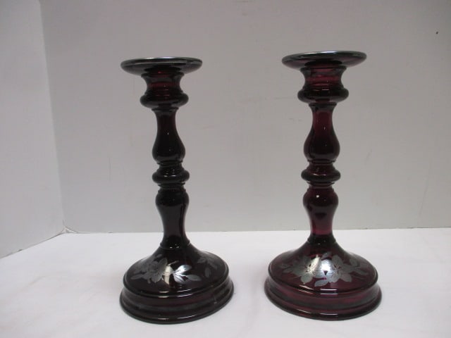 Pair of Amethyst Glass Candlesticks with Floral Silver Overlay: Great Condition 