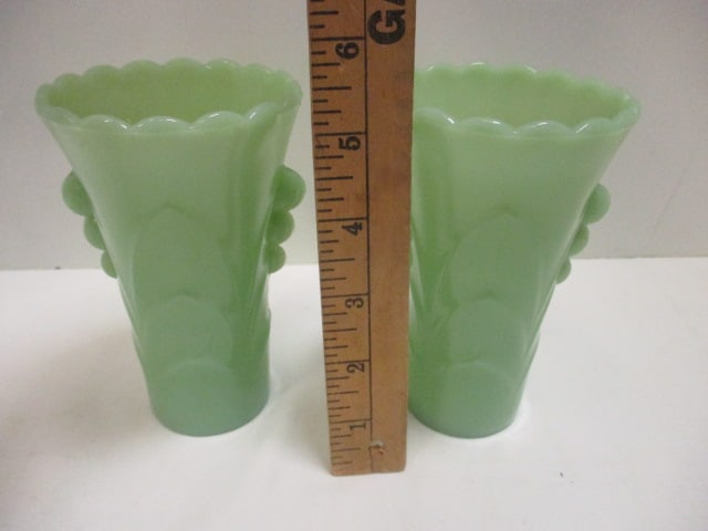Fire-King Jadeite Pair Bud Vases, Cup and 3 Saucers (Jane Ray Pattern) - 13