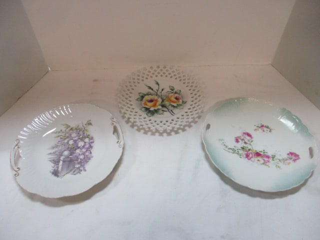 Set of Three Round Serving Platters, Two-Handled Purple Wisteria, Two-Handled Rose, Latticework R...: . 