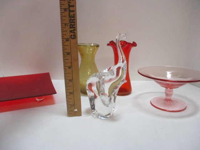 Grouping of 2 Bud Vases, Elephant Marked NV, Square Red Display, Pink Compote Dish - 12
