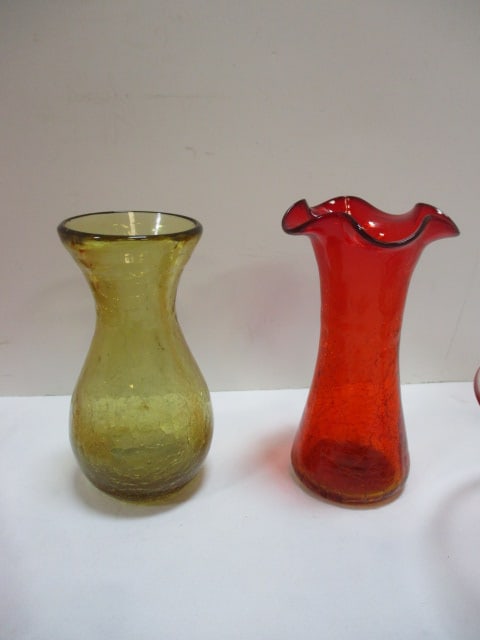 Grouping of 2 Bud Vases, Elephant Marked NV, Square Red Display, Pink Compote Dish - 8