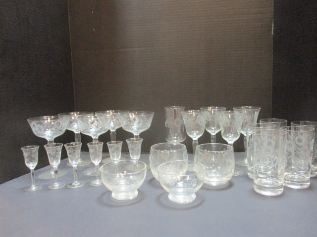 Lot of 25 Assorted Glasses, Hand-etched Flower and Leaf Pattern: . 