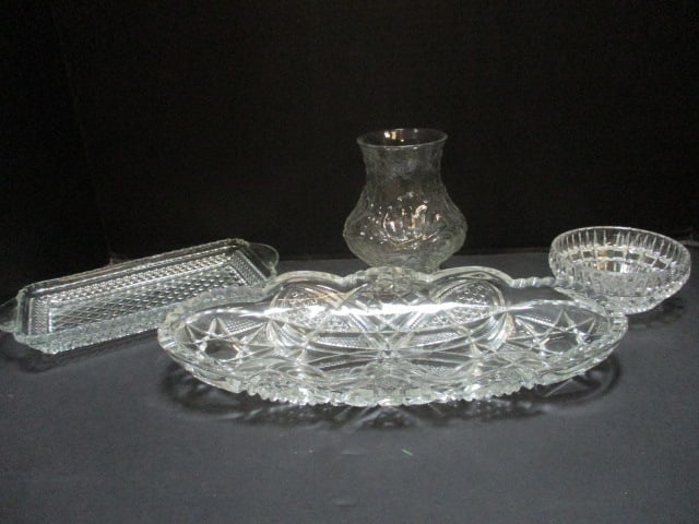 Grouping of 3 Glass Serving Dishes, Small Vase with Floral Motif: Small Scratches 