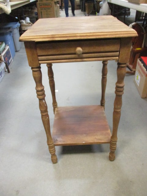 Vintage Wood Square Table With Drawer and Bottom Shelf: Cracks, Wood Separation 