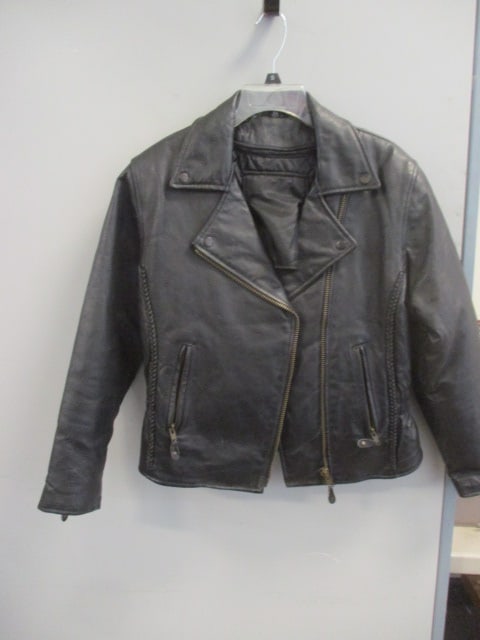 Black Leather Women's Harley Davidson Jacket-Shirred Sides, Rope Trim: . 