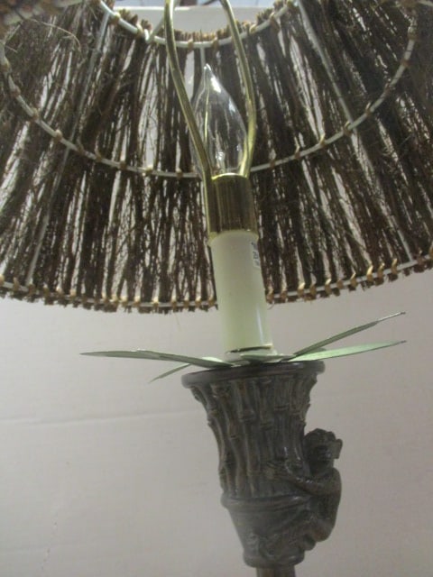 Monkey in Palm Tree Bronzed Sculpted Candle Stick Lamp with Natural Fiber Shade - 4