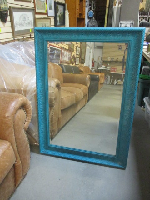 Painted Turquoise Molded Frame Wall Mirror: 31 1/4" x 43 1/2", some finish nicks and scuffs, Local Pickup Only