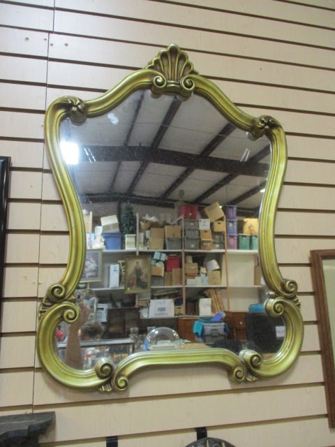 Antiqued Gold Molded Wall Mirror with Shell Crest (1 of 6)