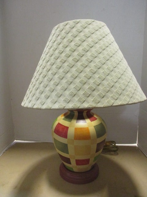 Colorful Geometric Design Ceramic Urn Table Lamp with Sculpted Velour Shade (1 of 7)
