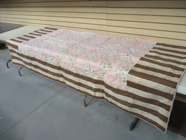 Antique "Ettie" Signed Hand Stitched Coverlet: approx. 90" x 93", has hand written card attached that reads "Ettie coverlet & so marked", some age spots and small tear, see pictures and preview 