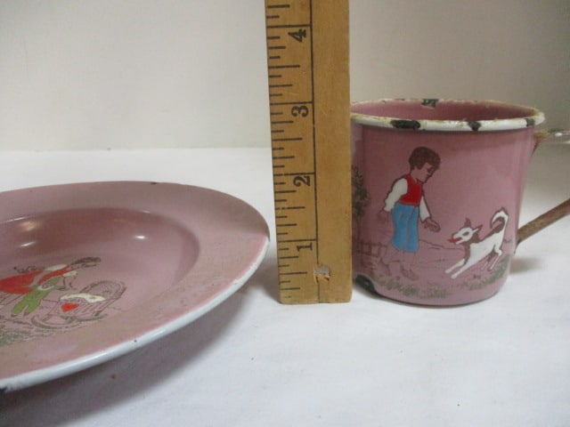 Antique Germany Enamel Child's Cup and Bowl Set and The Sebring Pottery Co. - 16