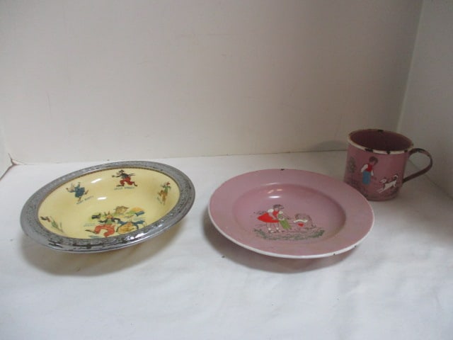 Antique Germany Enamel Child's Cup and Bowl Set and The Sebring Pottery Co.: "Uncle Wiggily" Silverplate Rim Character Stoneware Child's Bowl. Enamel cup 2 3/4"h and bowl 7 1/8"dia x 1"h(both are chipped), Uncle Wiggily 7 1/4"dia x 1 3/4"h(finish wear on rim, bowl has hairline