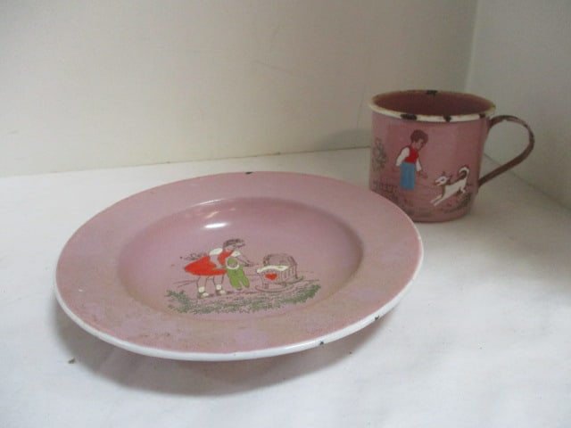 Antique Germany Enamel Child's Cup and Bowl Set and The Sebring Pottery Co. - 8