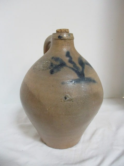 Vintage Handpainted Salt Glaze Stoneware Jug with Cork Stopper: 10 1/2"h, blue flower design underglaze, has blue underglaze marking at bottom of applied handle, few old chips around bottom edge 