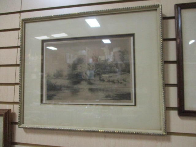 Vintage Framed and Matted Country Side Landscape Print of Etching Pencil Signed: Jw. H. Millsphaugh(?). 20 3/4" x 16 1/2", signed in pencil in lower right corner-see pictures and preview to make own determination of signature, original etching dated 1884