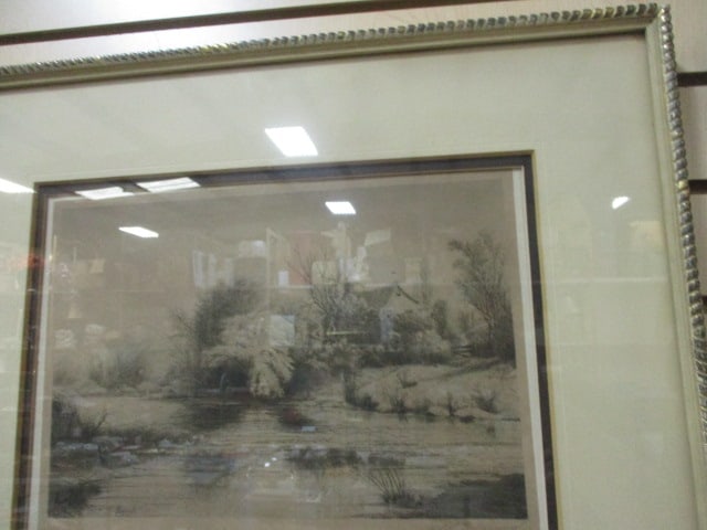 Vintage Framed and Matted Country Side Landscape Print of Etching Pencil Signed - 2