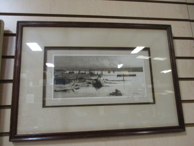 Vintage Framed and Matted Beached Sailboat Landscape Print of Etching Pencil Signed: Jw. H. Millsphaugh(?). 20 1/4" x 14", signed in pencil in lower right corner-see pictures and preview to make own determination of signature, original etching dated 1885 