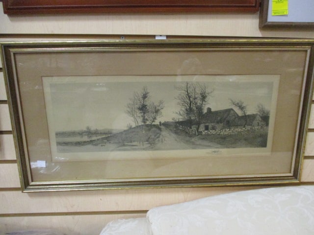 Vintage Framed and Matted Country Side Landscape Print of Etching by E.L. Field: 28 1/2" x 14 1/2" 