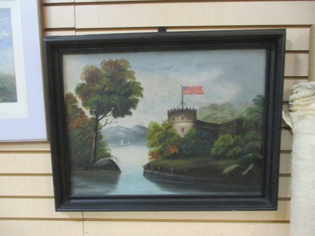 Framed Original Painting of "Bannerman Castle Pollepel Island, NY": 27 3/4" x 22", artist unknown was purchased at Cincinnati Antique Show 