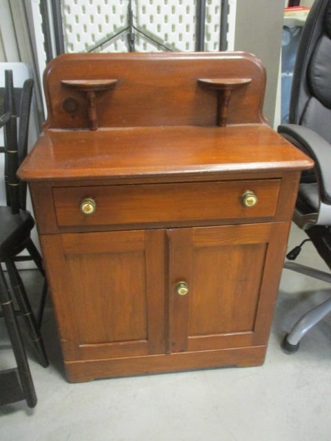Vintage Solid Wood Dry Sink Cabinet: 27" x 14 1/4" x 36 1/2"(top of backsplash), cabinet has drawer over two doors, backsplash has two candle shelves, some age scuffs, Local Pickup Only 