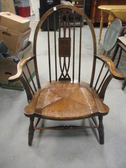 Antique Windor Style Armchair with Decorative Splat and Rush Seat: 26 1/4"w, 13 1/2"h seat height, Local Pickup Only 