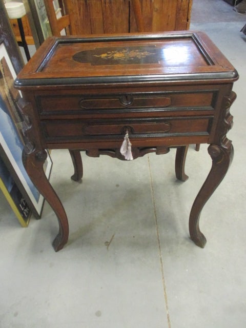 Beautiful Antique Circa 1896 Mahogany and Bird's Eye Maple Sewing Cabinet with Floral Inlaid Design (1 of 12)