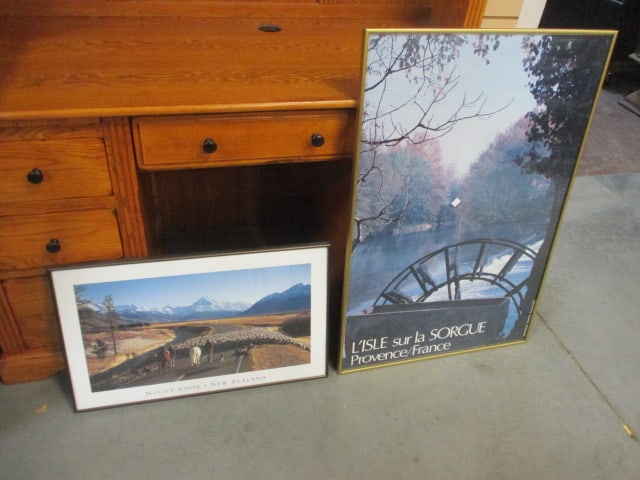 Two Framed Landscape Poster Prints: 26 1/4" x 15 3/4"-"Mount Cook-Mew Zealand", 24 1/4" x 36 1/2"-Lisle sur la Sorgue Provence/France". Local Pickup Only 